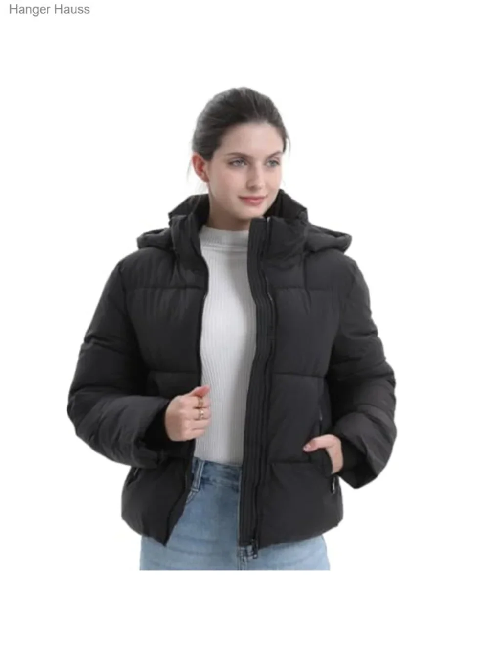 Women's Quilted Cropped Puffer Jacket, Removable Hood, Zippered Pockets, Warm